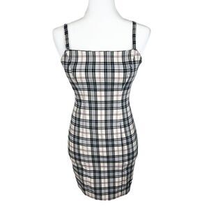 Hide and Seek Dress Women Small Cream Plaid Slim Fit Sleeveless Square Neck Mini